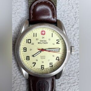 Swiss Military Watch Cream Dial Day Date Canvas Leather Strap 100M